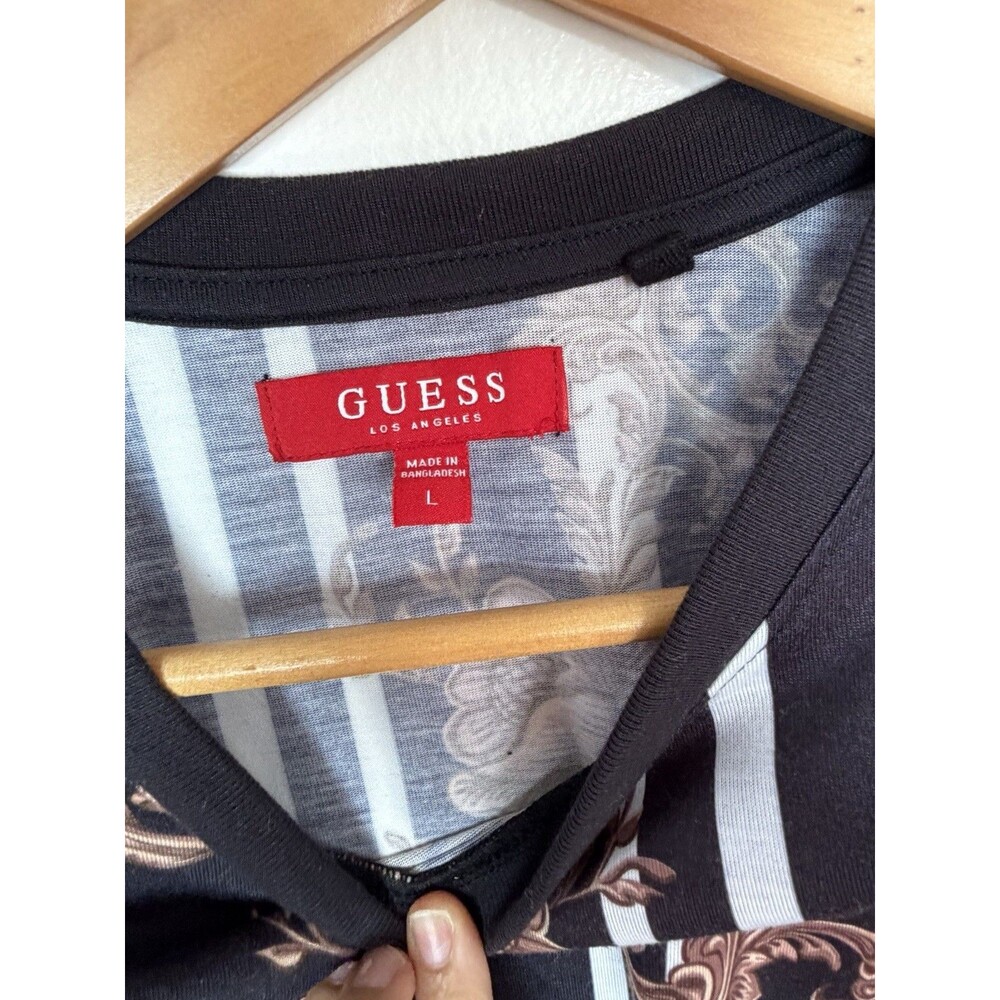 Guess Baroque Floral Striped T-Shirt Black Brown Size Large - Picture 4 of 10